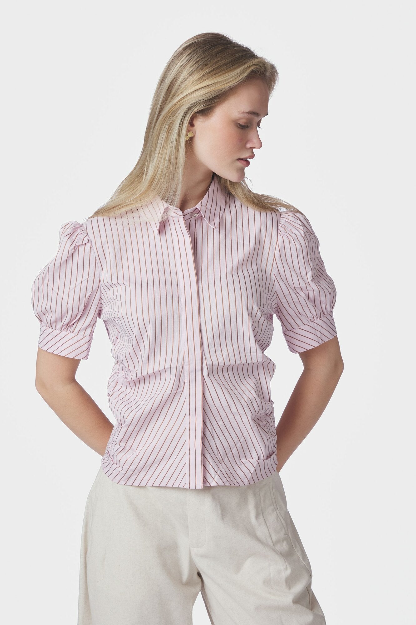 Frannie Structure Stripe kortærmet skjorte - Light Pink